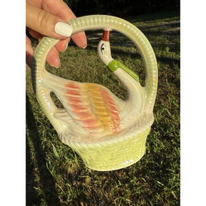Vintage Brazilian Lusterware Made In Brazil Porcelain Painted Swan In Basket 7”